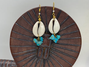 Afrocentric Ethnic Cowrie Shell & Turquoise chips Ear Jewelry