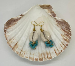 Afrocentric Ethnic Cowrie Shell & Turquoise chips Ear Jewelry