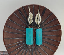 Load image into Gallery viewer, Afrocentric Ethnic Silver Cowrie Shell &amp; Turquoise Drop Ear Jewelry
