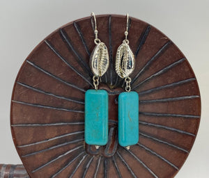 Afrocentric Ethnic Silver Cowrie Shell & Turquoise Drop Ear Jewelry
