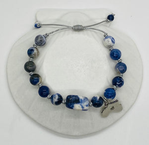 Leather Sliding Knot Bracelet Blue White Stone with Silver African Map Symbol