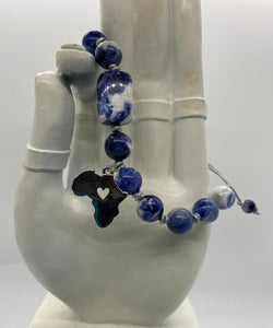 Leather Sliding Knot Bracelet Blue White Stone with Silver African Map Symbol