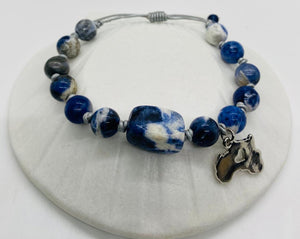 Leather Sliding Knot Bracelet Blue White Stone with Silver African Map Symbol