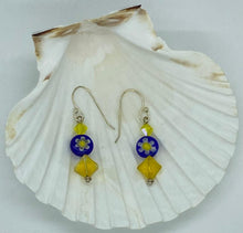 Load image into Gallery viewer, Earring Collection / Yellow and Blue Daisy Glass Drop Earrings
