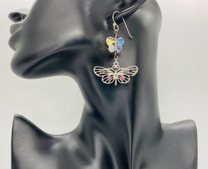 Earring Collection / Butterfly Crystal and Silver Tone with Purple Glass Stone Inlay