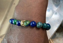 Load image into Gallery viewer, Unisex Azurite Blue Green Semi Precious Stone Bracelet With Gold Plated Crown
