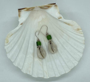 Afrocentric Ethnic Emerald Green Glass Bead & Cowrie Shell Drop Ear Jewelry