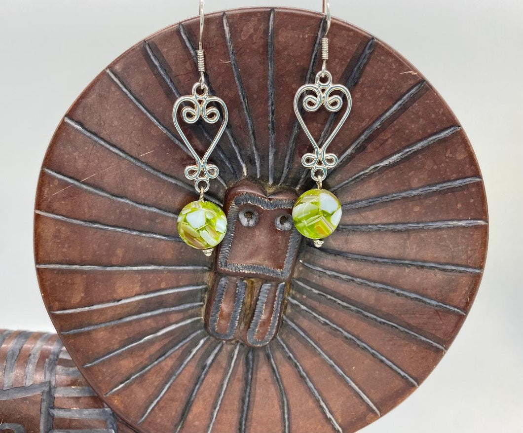Afrocentric Ethnic Sankofa Symbol with Green & White Stone Drop Bead Ear Jewelry