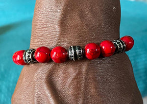 Unisex Red Howlite and Black Rhinestone Bead Bracelet