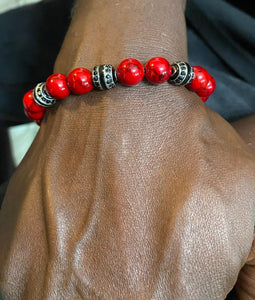 Unisex Red Howlite and Black Rhinestone Bead Bracelet