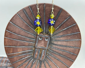 Earring Collection / Yellow and Blue Daisy Glass Drop Earrings