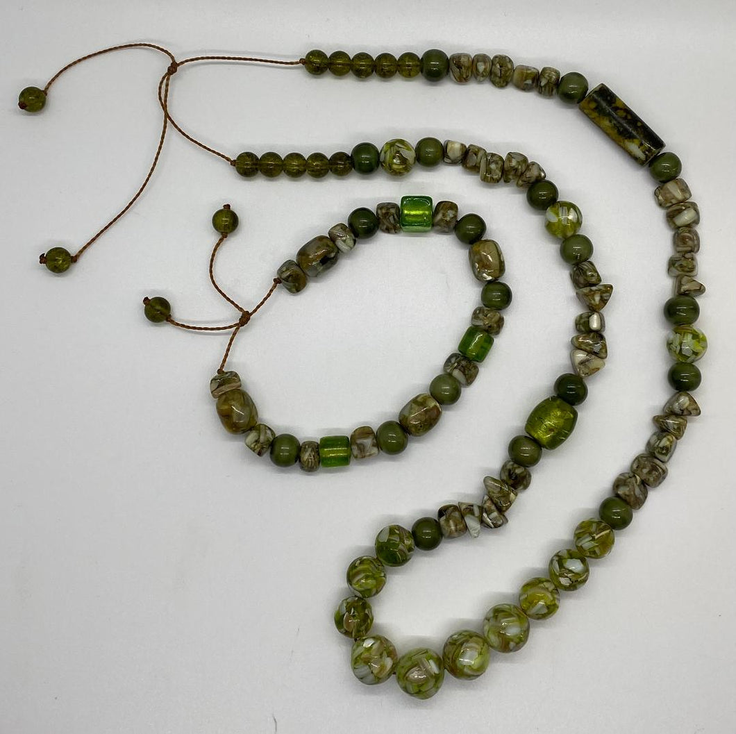 Unisex Mixed Green Regalite and Glass Beads Necklace / Bracelet Set