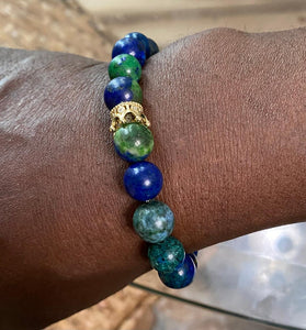 Unisex Azurite Blue Green Semi Precious Stone Bracelet With Gold Plated Crown