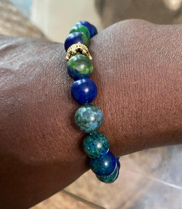 Unisex Azurite Blue Green Semi Precious Stone Bracelet With Gold Plated Crown