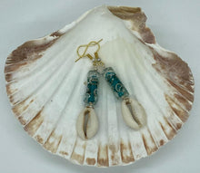 Load image into Gallery viewer, Afrocentric Ethnic Turquoise Lampwork Beads with Cowrie Shell Drops Ear Jewelry
