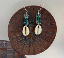 Load image into Gallery viewer, Afrocentric Ethnic Turquoise Lampwork Beads with Cowrie Shell Drops Ear Jewelry
