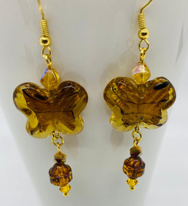 Earring Collection / Amber Lamp Work Butterfly Earrings Gold Finish