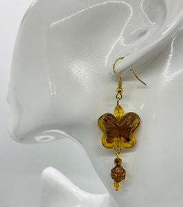 Earring Collection / Amber Lamp Work Butterfly Earrings Gold Finish