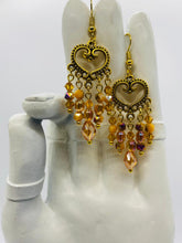 Load image into Gallery viewer, Earring Collection / Amber Glass &amp; Crystal Chandelier Dangle Heart Earrings
