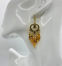 Load image into Gallery viewer, Earring Collection / Amber Glass &amp; Crystal Chandelier Dangle Heart Earrings
