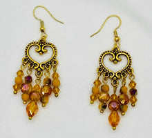 Load image into Gallery viewer, Earring Collection / Amber Glass &amp; Crystal Chandelier Dangle Heart Earrings
