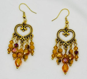 Earring Collection / Amber Glass & Crystal Chandelier Dangle Heart Earrings