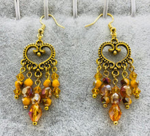 Load image into Gallery viewer, Earring Collection / Amber Glass &amp; Crystal Chandelier Dangle Heart Earrings
