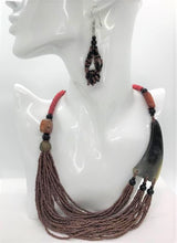 Load image into Gallery viewer, This Is Authentic African Queen Ware, Yellow Seed Bead &amp; Horn Necklace Set, Or Brown.
