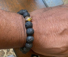 Load image into Gallery viewer, Unisex Lava Rock w Gold Black Panther Slider Bead. / Semi Precious Stones
