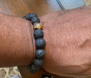 Unisex Lava Rock w Gold Black Panther Slider Bead. / Semi Precious Stones