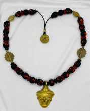 Load image into Gallery viewer, Unisex Black &amp; Red Krobo Bead Necklace Bracelet Set with Brass African Mask
