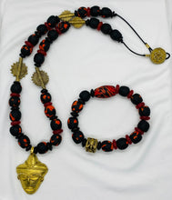 Load image into Gallery viewer, Unisex Black &amp; Red Krobo Bead Necklace Bracelet Set with Brass African Mask
