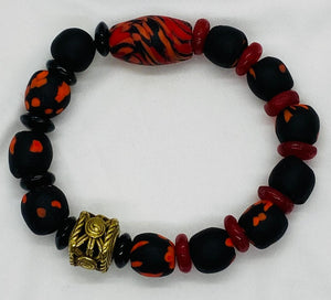 Unisex Black & Red Krobo Bead Necklace Bracelet Set with Brass African Mask