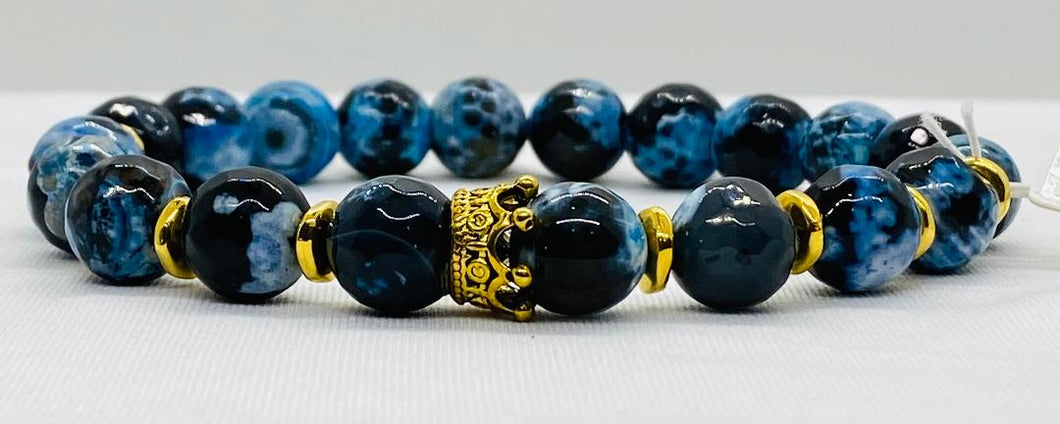 Blue Agate Stone of Strong Communicate Gold Crown Finish 10mm Beads