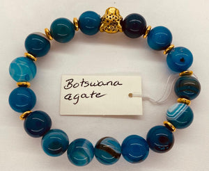 Blue Botswana Agate w Gold Black Panther Bead, Semi Precious Stone Collection