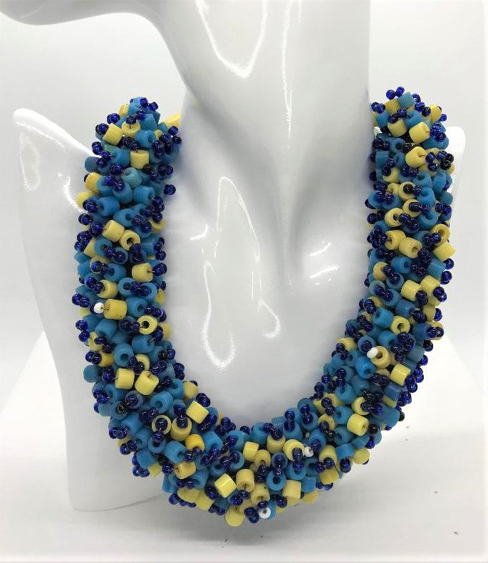 Blue, Yellow & Black Authentic African Trade Bead Wedding Necklace