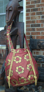 Burgundy And Gold Ankara Print Fabric Bag.