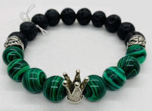 Green Malachite & Lava Rock Silver Crown & Lionhead Bracelet, Malachite Earrings w/ Sterling Silver Post