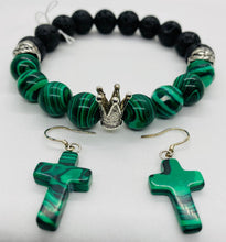 Load image into Gallery viewer, Green Malachite &amp; Lava Rock Silver Crown &amp; Lionhead Bracelet, Malachite Earrings w/ Sterling Silver Post
