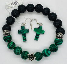 Load image into Gallery viewer, Green Malachite &amp; Lava Rock Silver Crown &amp; Lionhead Bracelet, Malachite Earrings w/ Sterling Silver Post
