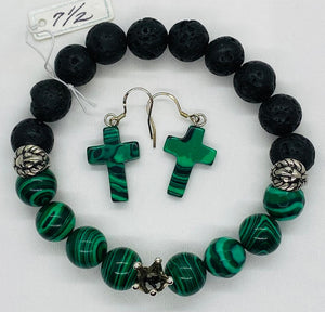 Green Malachite & Lava Rock Silver Crown & Lionhead Bracelet, Malachite Earrings w/ Sterling Silver Post