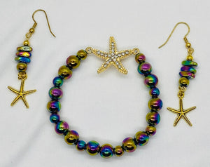 Multi Color Iridescent Star Fish Bracelet & Earrings Set