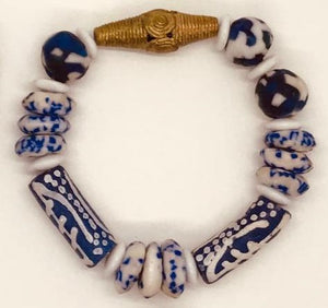 Chunky Marbled Blue White & Brass Krobo Bead Bracelet