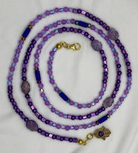 Load image into Gallery viewer, Purple Crystals Amethyst &amp; Blue Beads  with Hamsa Charm
