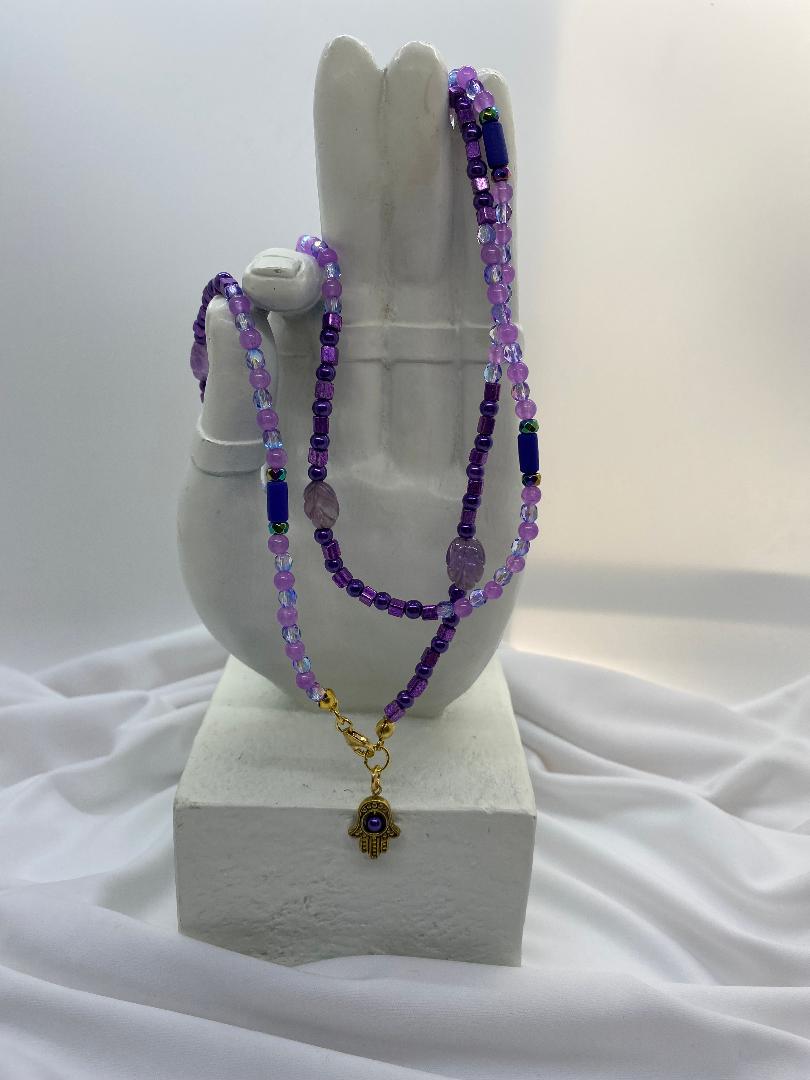 Purple Crystals Amethyst & Blue Beads  with Hamsa Charm