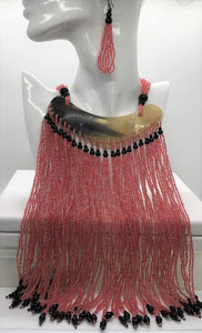 Salmon And Three Other Colors Authentic African Horn & Seed Bead Necklace Set.