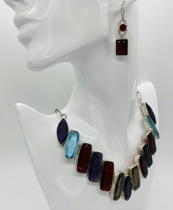 Sterling Silver Plated Multi Gemstone Necklace With Sterling Silver Garnet Earrings