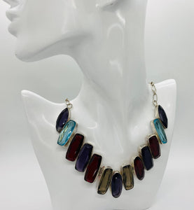 Sterling Silver Plated Multi Gemstone Necklace With Sterling Silver Garnet Earrings