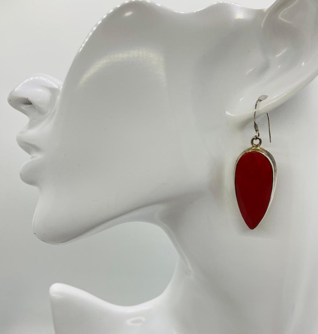 Sterling Silver with Red Coral long Drop Earrings