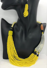 Load image into Gallery viewer, This Is Authentic African Queen Ware, Yellow Seed Bead &amp; Horn Necklace Set, Or Brown.
